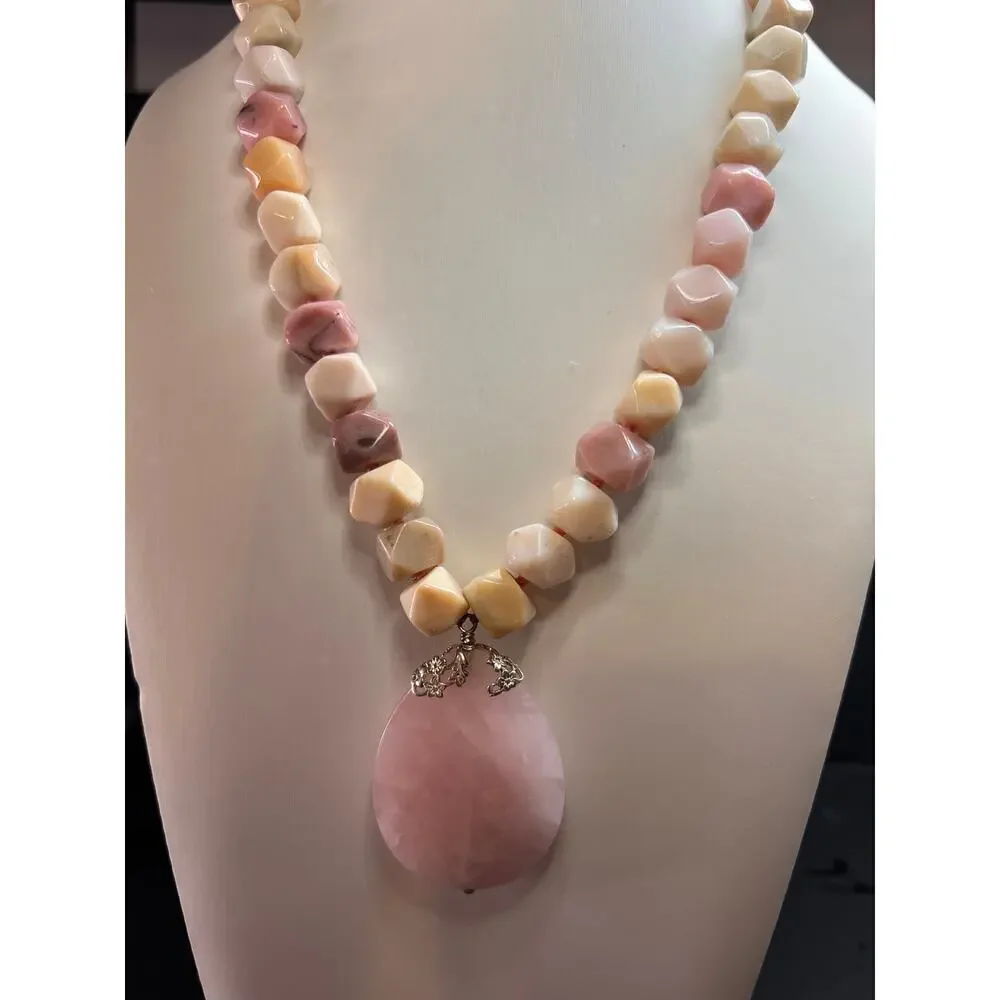 NEW pink opal and rose quartz Sterling silver necklace